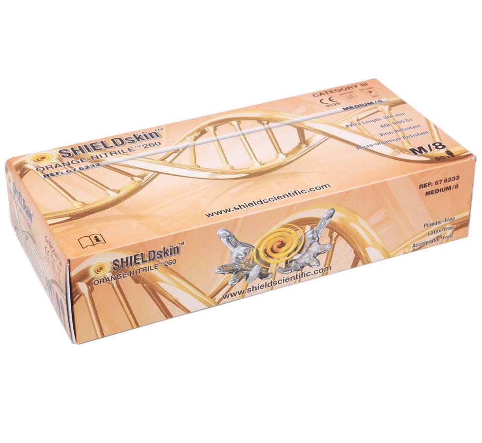 A Single Orange Box of SHIELDskin™ ORANGE NITRILE™ 260 Gloves - Single Box - Sentinel Laboratories Ltd
