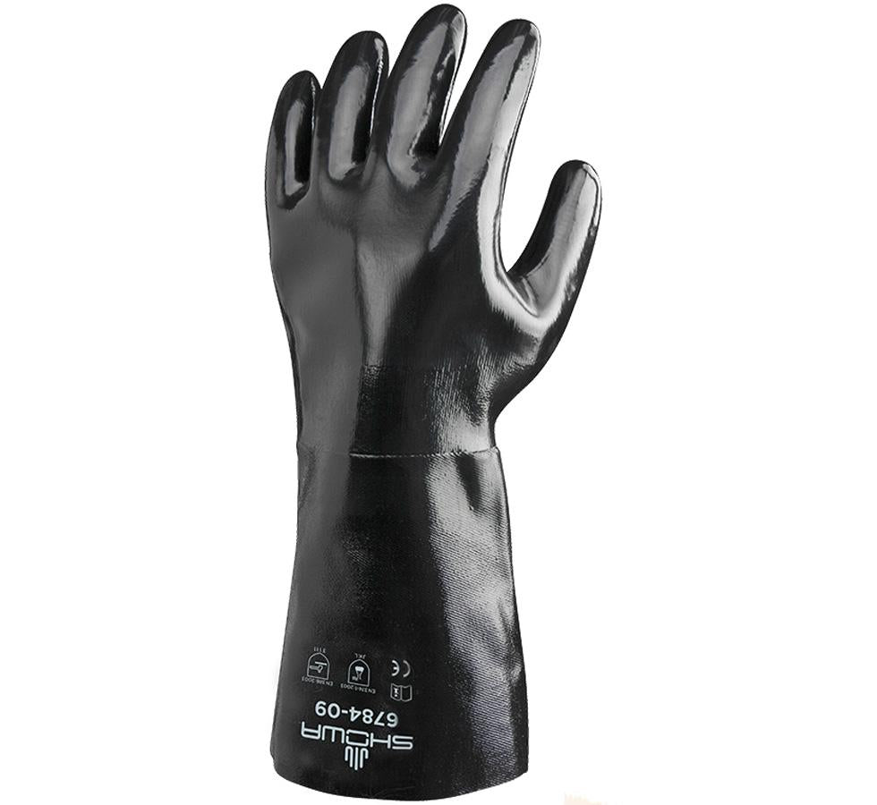 A Single Shiny Black 6784 Best Neoprene - Neoprene Coated Cotton Liner, Smooth, 355mm Gauntlet Glove - White Lettering on Cuff - Sentinel Laboratories Ltd
