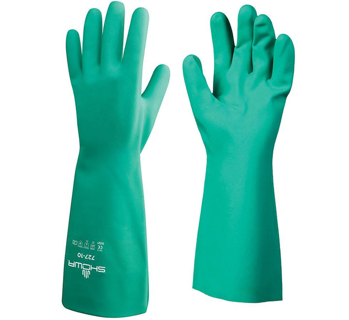 A Pair of Green Showa Best 727 Nitri-Solve® Nitrile Long Length Cuff Gloves with White Showa Branding on Cuff - Unlined 0,38mm thick, 330mm long - Sentinel Laboratories Ltd