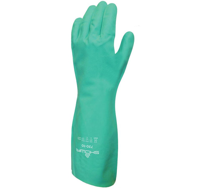 A Single Teal Coloured Showa Best 730 Nitri-Solve® Long Length Cuff Glove - Flock Lined 0,38mm thick, 330mm long - Sentinel Laboratories Ltd
