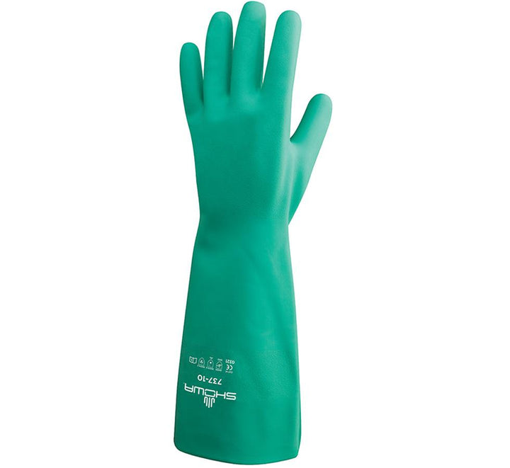 A Single Teal Coloured Showa Best 737 Nitri-Solve® Long Length Cuff Glove - Unlined 0,56mm thick, 380mm long - Sentinel Laboratories Ltd