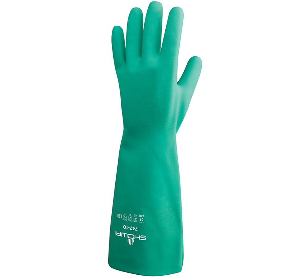A Single Teal Coloured Showa Best 747 Nitri-Solve® Long Length Cuff Glove with White Lettering - Flock Lined 0,56mm thick, 480mm long - Sentinel Laboratories Ltd