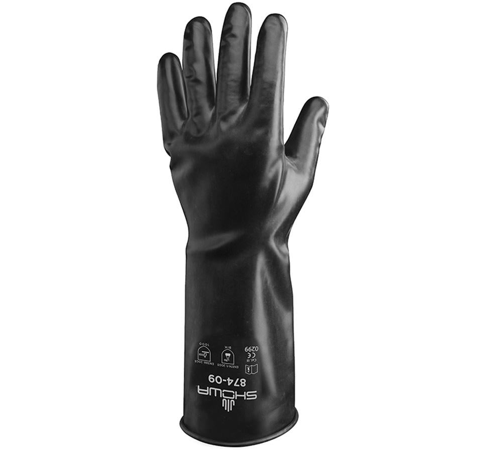 A Single Shiny Matte Black Showa Best 874 Best® Butyl II Unlined Butyl Long Length Cuff Glove with White Lettering - 0,35mm Thick, Smooth - Sentinel Laboratories Ltd