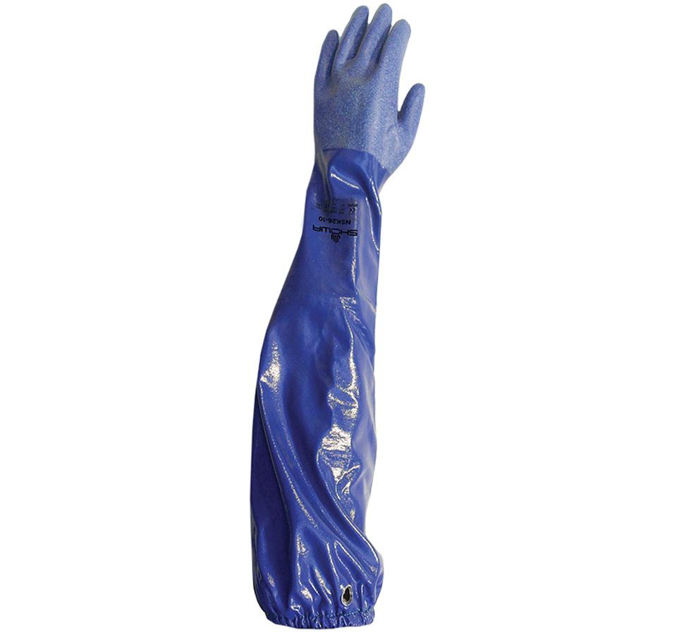 A Single Navy Coloured Long Length Cuff Showa Best NSK26 Nitrile Coated Glove, Cotton Interlock Liner, 100% Nitrile - Sentinel Laboratories Ltd