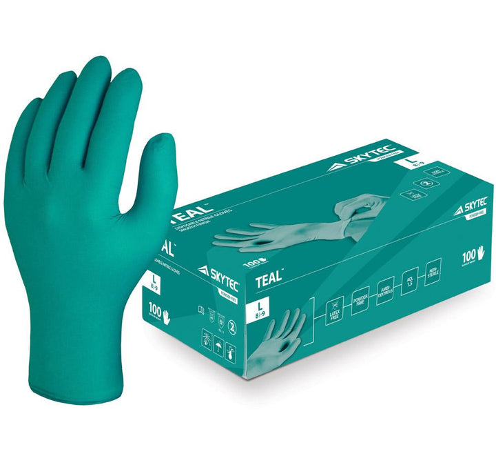 A Single Glove of Skytec Teal Green Nitrile next to a Full Box - Green and White Lettering Box Design - Sentinel Laboratories Ltd