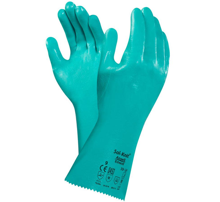 A Pair of Shiny Light Blue SOL-KNIT® 39-124 Long Length Cuff Gloves with Black Lettering - Sentinel Laboratories Ltd