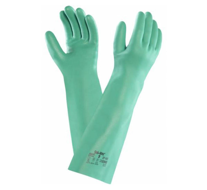 A Pair of Green Long Cuff Length SOLVEX® 37-185 Nitrile Gloves with Black Lettering on Cuff - Sentinel Laboratories Ltd