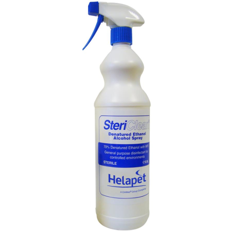A White and Blue Bottle of Helapet SteriClean® Denatured Ethanol Alcohol Spray - Sentinel Laboratories Ltd