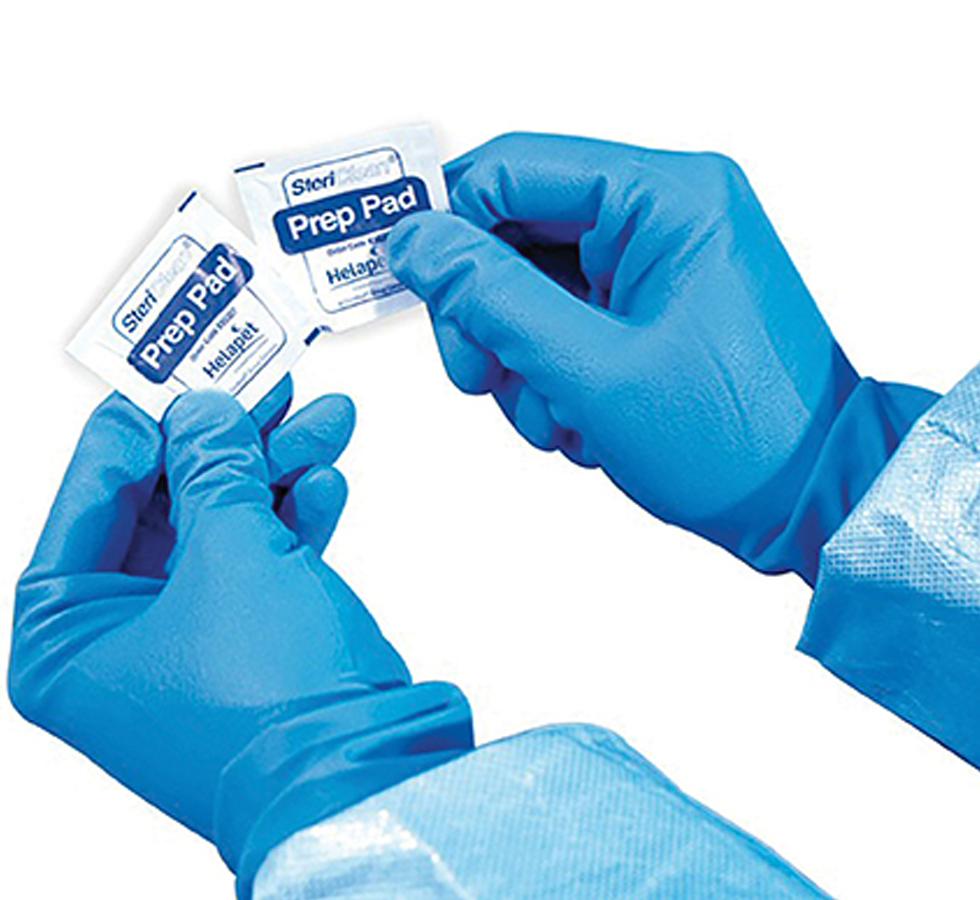 A Person Wearing Blue Gloves Holding a Pair of White and Blue SteriClean® IPA Prep Pads - Sentinel Laboratories Ltd