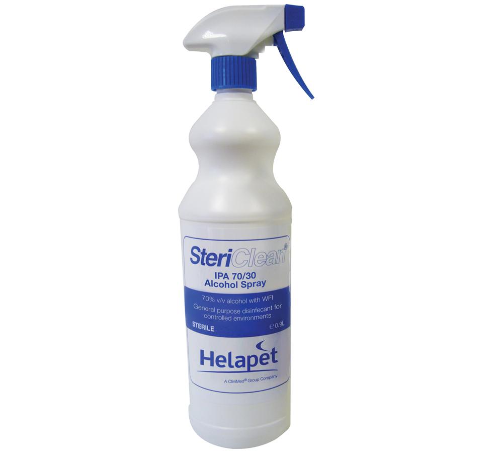 A White and Blue Bottle of Helapet SteriClean® 70/30 IPA Alcohol Spray (bag in bottle) - Sentinel Laboratories Ltd
