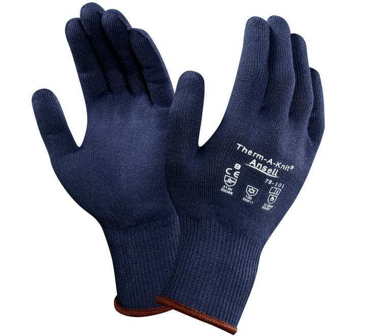 A Pair of Navy THERM-A-KNIT® 78-101 Knitted Gloves with Brown Beaded Cuffs and White Lettering - Sentinel Laboratories Ltd
