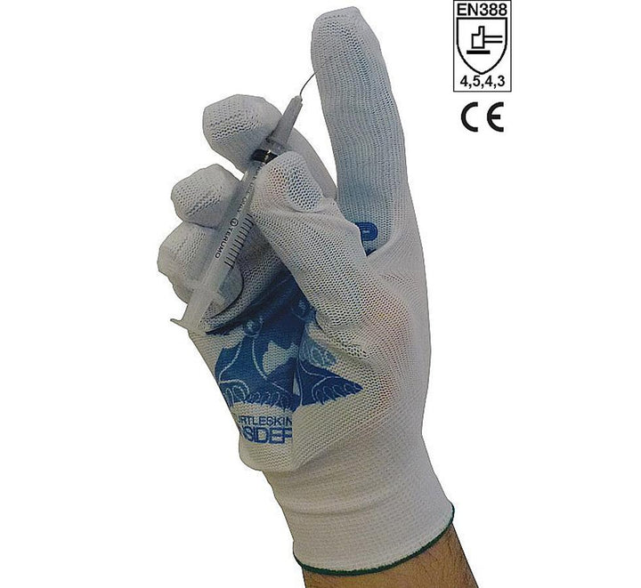 A Person Wearing a White and Blue TurtleSkin® CP Neon Insider 430 Glove Holding a Syringe - Sentinel Laboratories Ltd