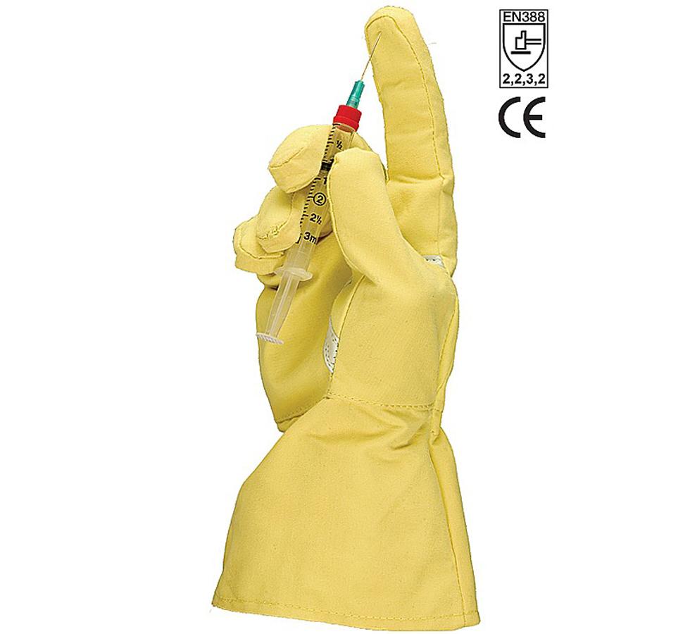 A Person Wearing a Single Yellow TurtleSkin® FullCoverage Aramid Glove Holding a Syringe - Sentinel Laboratories Ltd