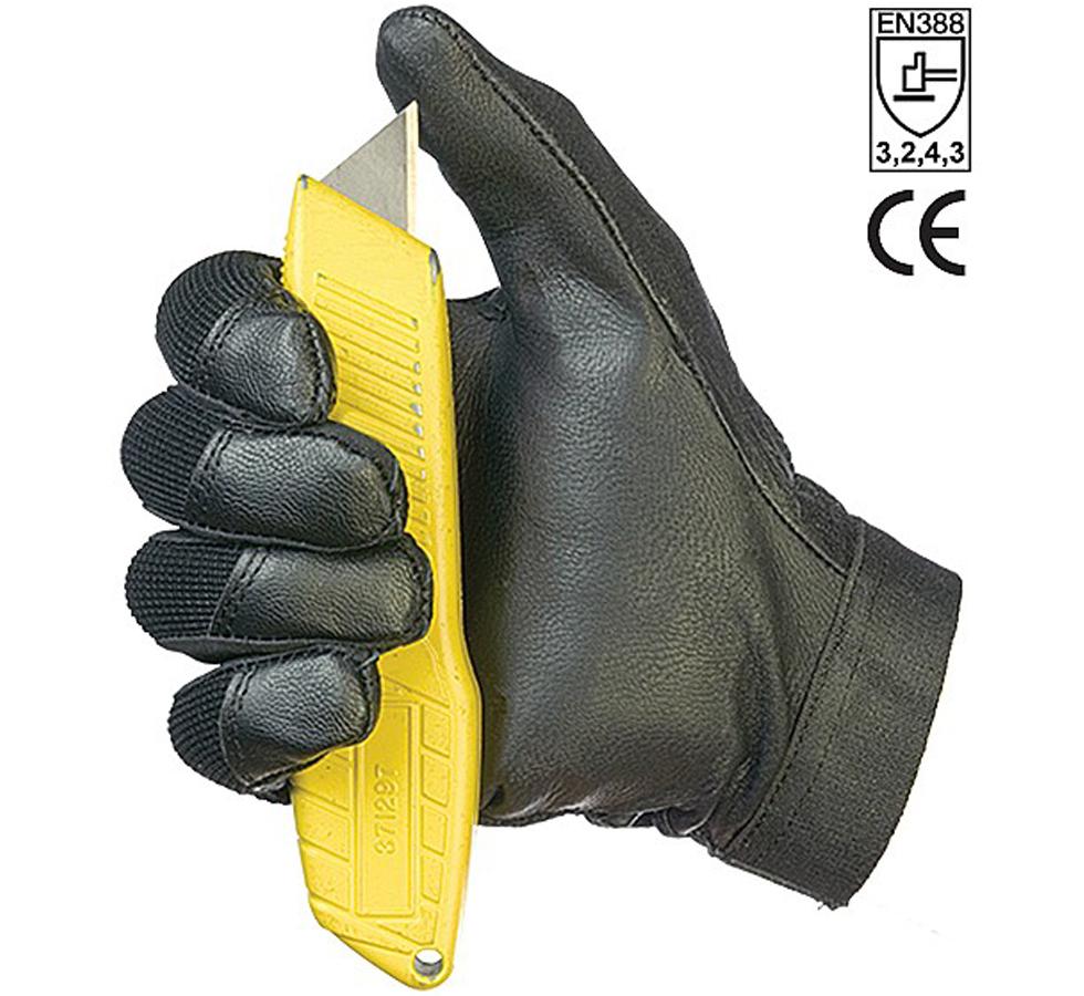 A Person Wearing a Single TurtleSkin® WorkWear Plus Glove Holding a Yellow Handled Box Cutter - Sentinel Laboratories Ltd