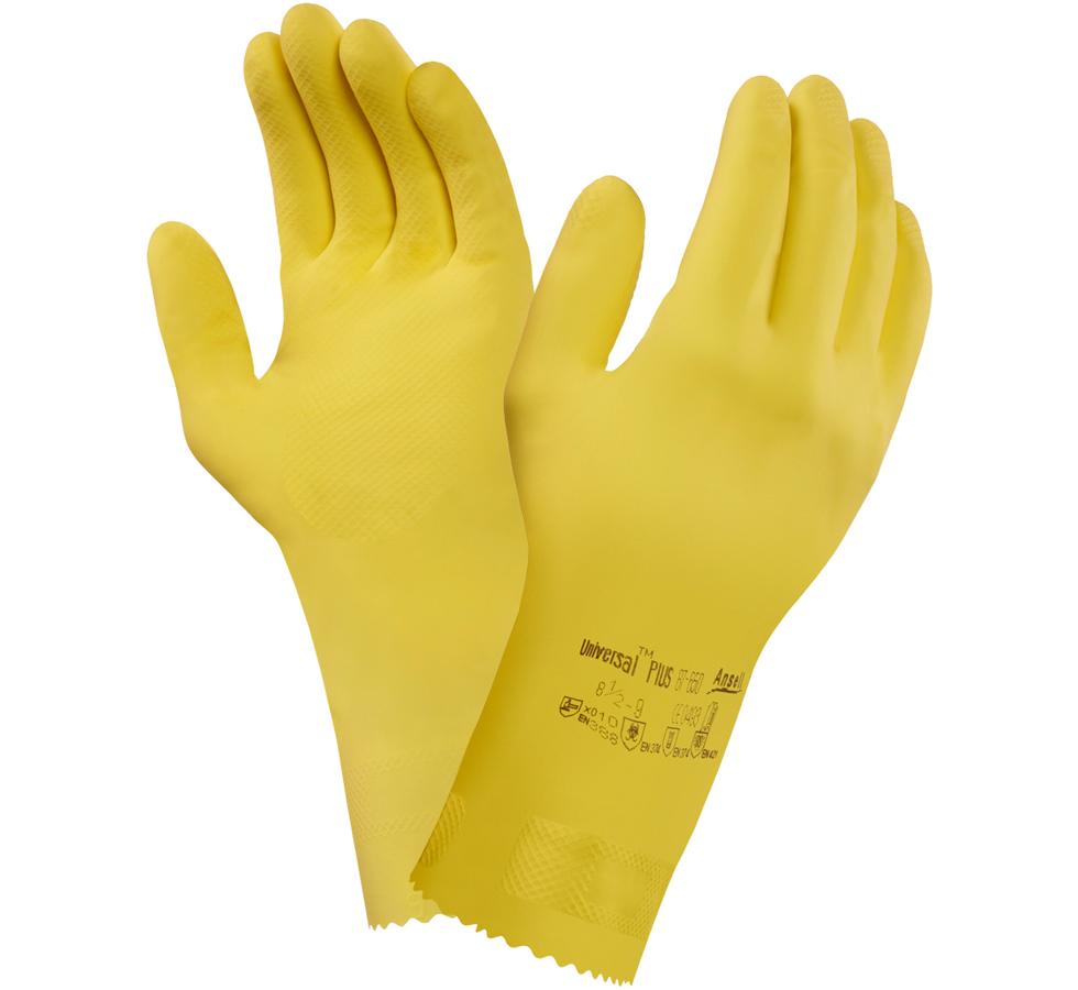 A Pair of Yellow Long Length Cuff UNIVERSAL PLUS™ 87-650 Gloves with Black Lettering - Sentinel Laboratories Ltd