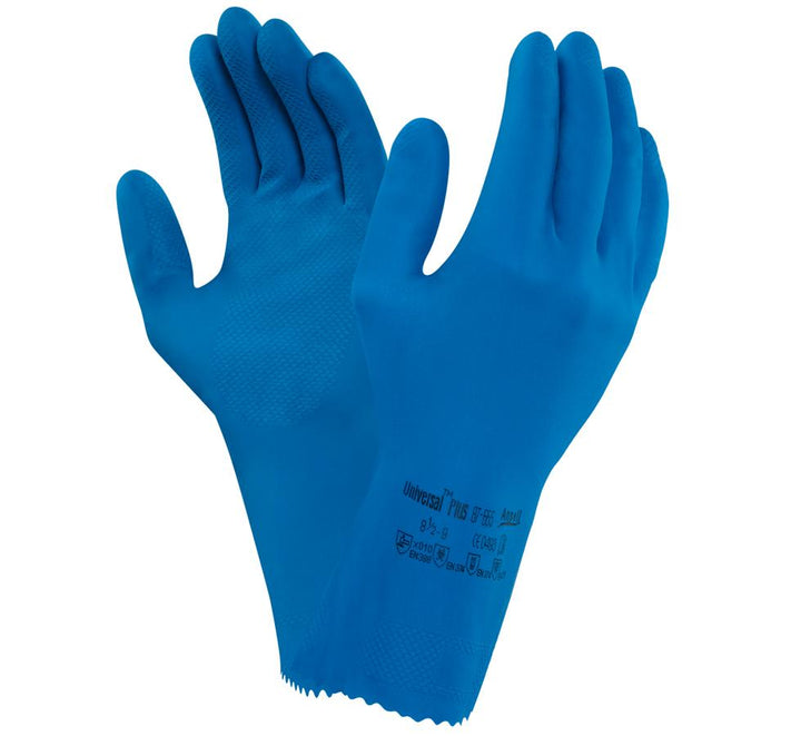 A Pair of Blue Long Length Cuff UNIVERSAL PLUS™ 87-665 Gloves with Black Lettering - Sentinel Laboratories Ltd