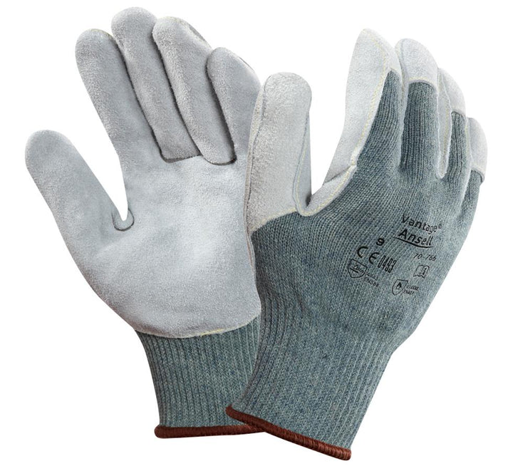 A Pair of Grey and White VANTAGE® 70-765 Knitted Gloves with Brown Beaded Cuffs and Black Lettering - Sentinel Laboratories Ltd