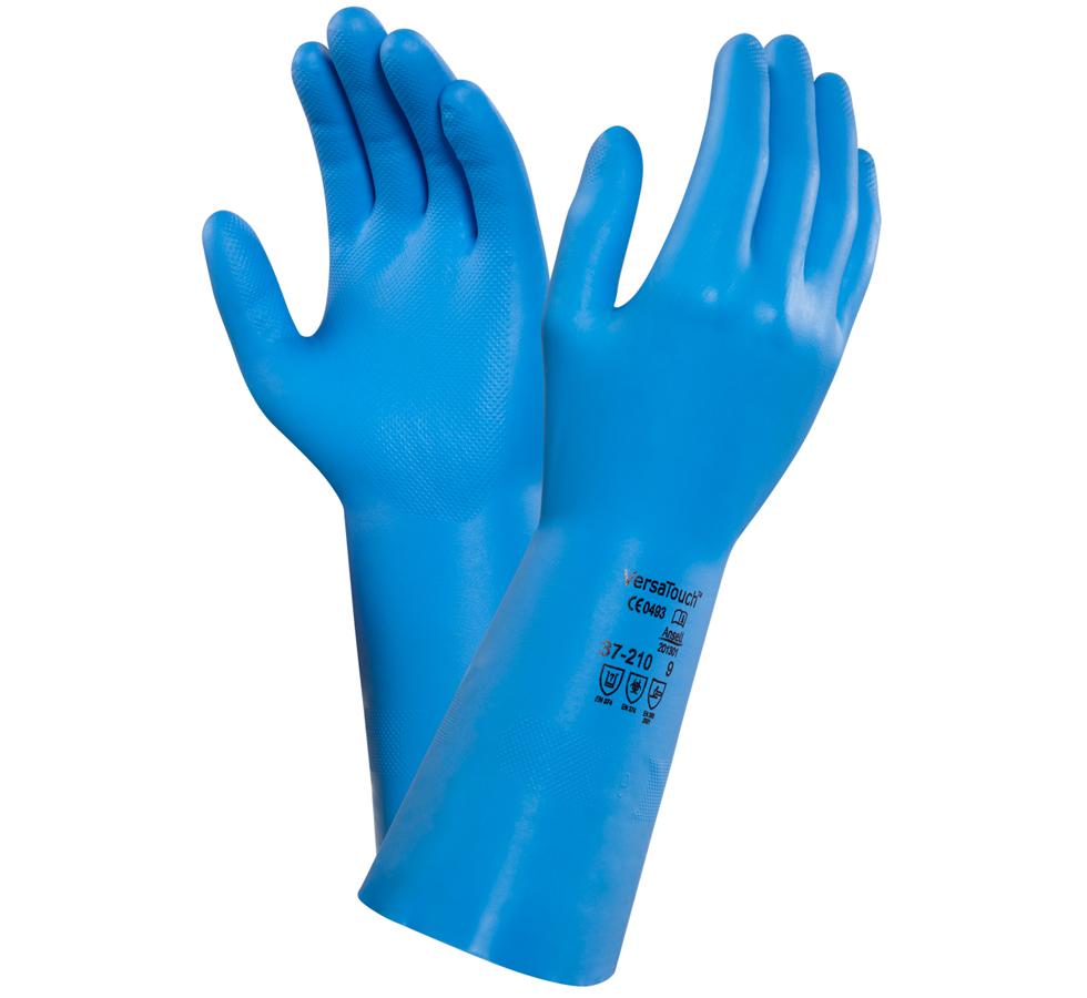 A Pair of Light Blue VERSATOUCH® 37-210 Gloves with Black Text on Long Cuffs - Sentinel Laboratories Ltd