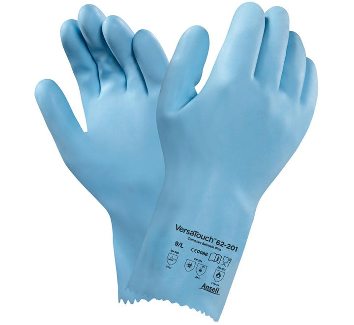 A Pair of Baby-Blue Coloured Ansell VERSATOUCH® 62-201 Gloves with Black Text on Cuff - Sentinel Laboratories Ltd