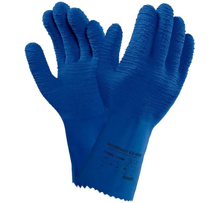 A Pair of Navy Blue VERSATOUCH® 62-401 Textured Gloves with Black Lettering on Long Cuff - Sentinel Laboratories Ltd