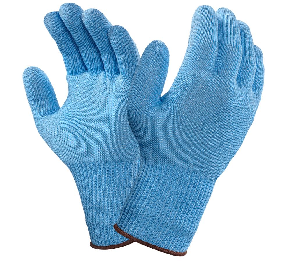 A Pair of Baby-Blue Coloured Knitted VERSATOUCH 72-285® (previously proFood® Safe-Knit®) Gloves with Brown Beaded Cuffs - Sentinel Laboratories Ltd