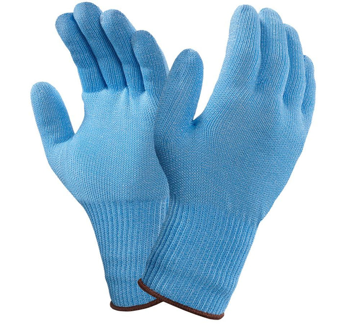 A Pair of Baby-Blue Coloured Knitted VERSATOUCH 72-287® (previously proFood® Safe-Knit®) Gloves with Brown Beaded Cuffs - Sentinel Laboratories Ltd