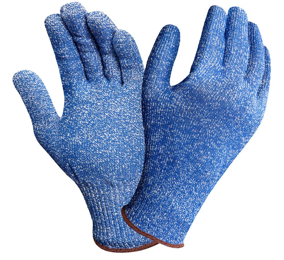 A Pair of Knitted Blue and White VERSATOUCH® 72-400 Gloves with Brown Beaded Cuffs - Sentinel Laboratories Ltd
