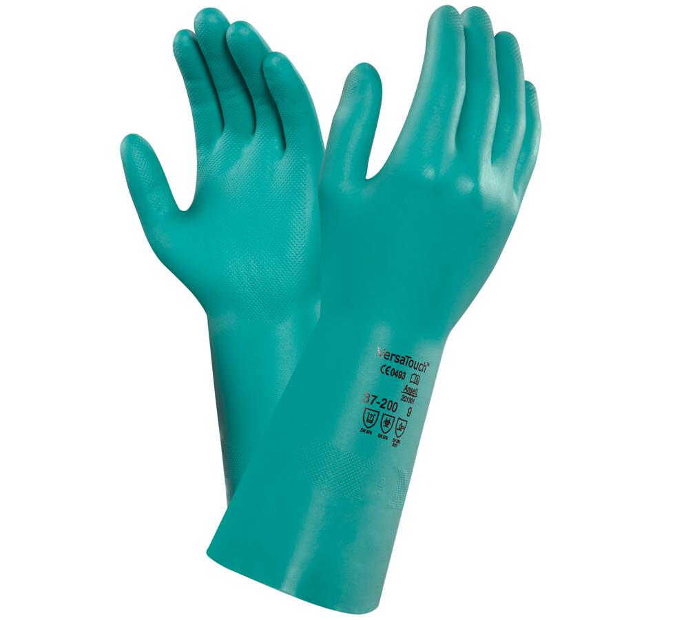 A Pair of Green VERSATOUCH® 37-200 Gloves with Black Lettering on Cuffs - Sentinel Laboratories Ltd